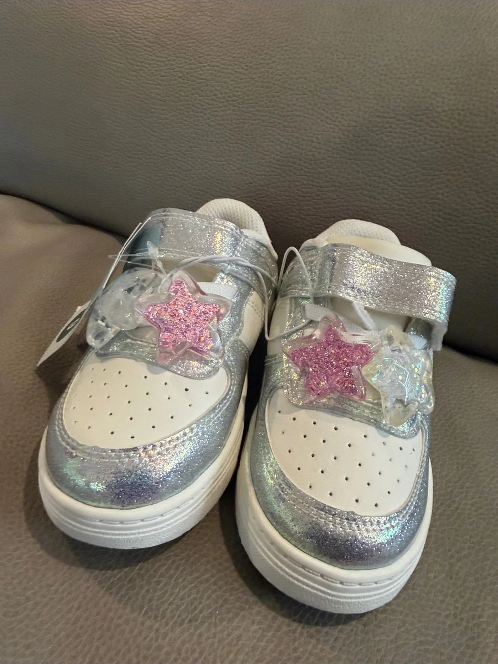 Cat & Jack Iridescent Silver Sneakers with Pink Star Accent